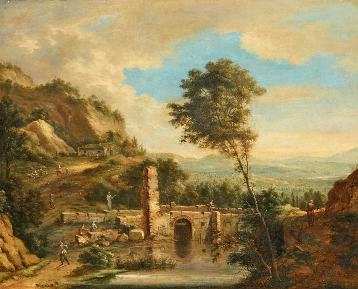 Johann Christian Vollerdt - Paesaggio panoramico di montagna con un ponte